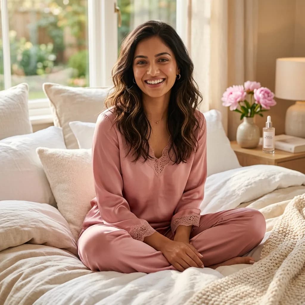 FemmeFlo Woman in Pink Silk Pajamas